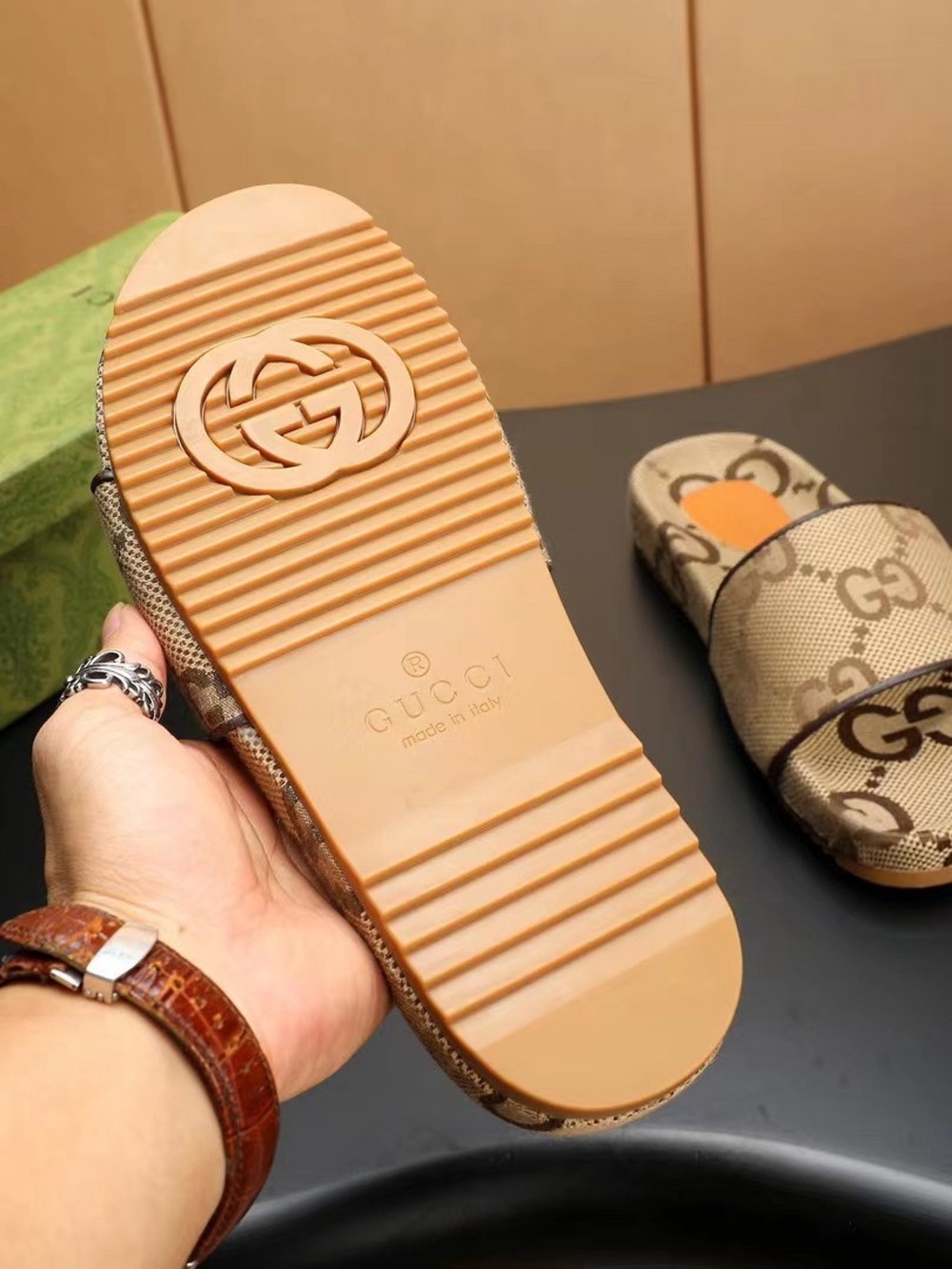 Gucci Beige Brown GG Canvas Slide Sandals - Picture 6 of 6